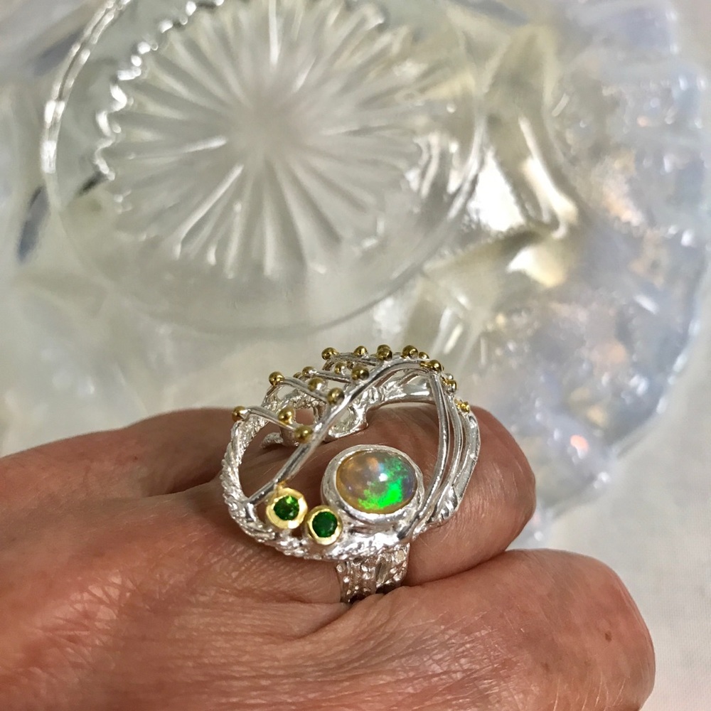 Opal Sterling 14K Gold plated Art Designer Ring - Picture 2 of 5